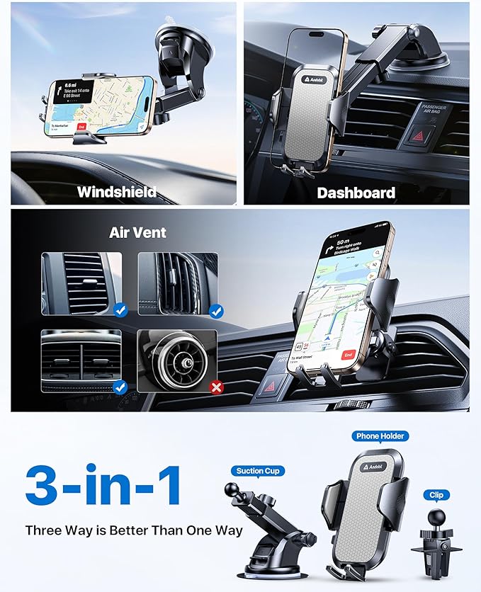 andobil Car Phone Holder Mount (Strong Suction&Bumpy Road Stable) Phone Holders for Your Car, Cell Phone Car Mount for Windshield Dash Vent Truck Cradle Stand for iPhone 17 16 15 14 Pro Max Grey
