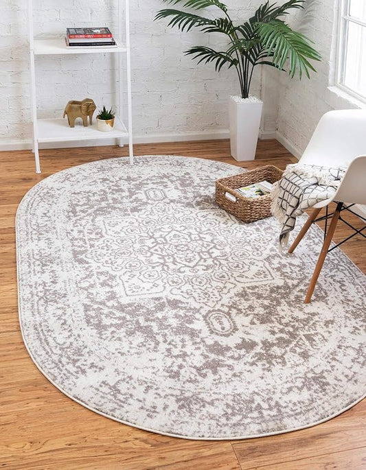Rugs.com Arlington Collection Rug – 8' x 10' Oval White Medium-Pile Rug Perfect for Living Rooms, Large Dining Rooms, Open Floorplans