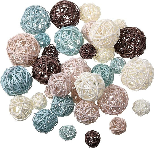 Patelai 36 Pcs Wicker Rattan Balls Decorative Balls for Vase Centerpiece Bowls Orbs Filler for Home Decor,4 Sizes(Blue, Light Brown, Dark Brown, White)