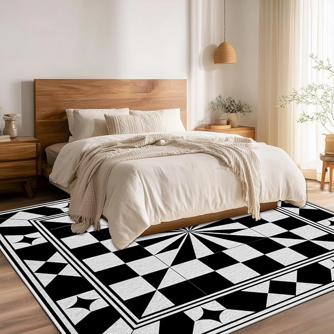 Black and White Checkered Rug, Checkered Rug, Modern Geometric Pattern Carpet, Retro Machine Washable Non Slip Area Rugs, Contemporary Rugs for Living Room/Bedroom 7x10