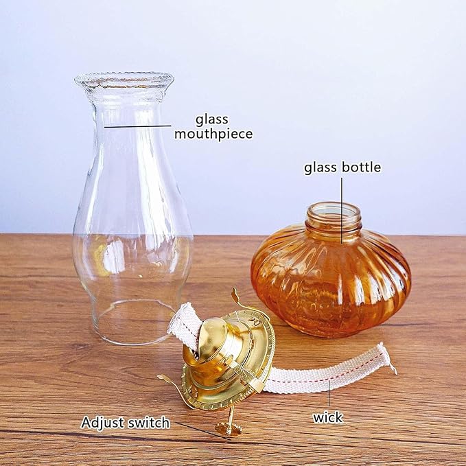 Large Oil Lamp for Indoor Use,Rustic Kerosene Lamp with 2 Pcs Wicks and 1 Tweezers,Glass Hurricane Lantern for Home Emergency Lighting (Brown)
