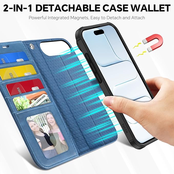 TUCCH Detachable Case Wallet for iPhone Air (6.5") 2025, Wrist Strap | 4 Card Slots RFID Blocking | Wireless Charging | Stand | 2-in-1 Magnetic | PU Leather | Shockproof Folio Cover | Light Blue