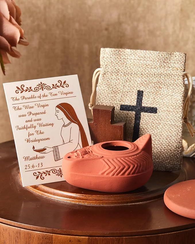 Pinkunn 1 Set Clay Oil Lamp Herodian Olive Oil Lamp for Indoor Use Terracotta Biblical Lamps Ancient Antique Replica for Israel Judaica/Christian Hanukkah Gift Worship Prayer Religious Artifact