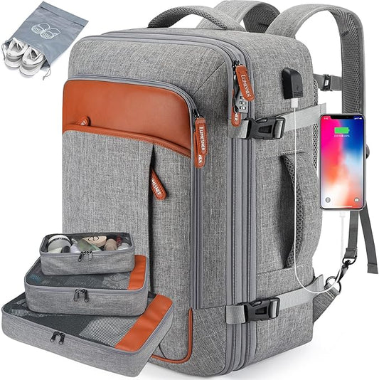 Lumesner Carry on Travel Backpacks, Extra Large 40L Flight Approved Bag for Men & Women,Expandable Suitcase Backpack With 4 Packing Cubes,Water Resistant Luggage Daypack Business Weekender Bag, Grey