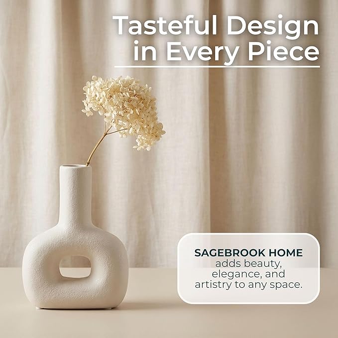 Decorative Flower Vase for Home Decor – Ceramic Modern Flower Vase With Open Cut Design, Stylish Table Centerpiece for Living Room or Entry Display, Modern for Faux Flowers and Greenery – 8", Ivory