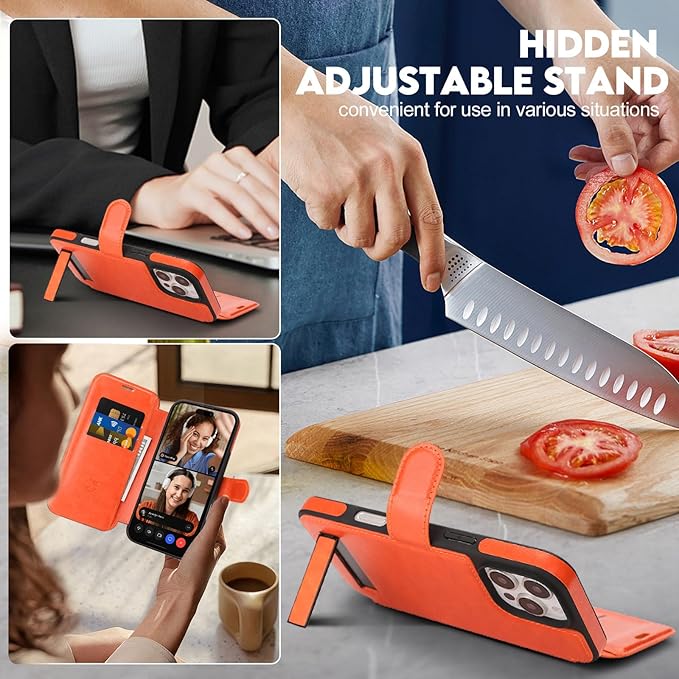 CIVICASE for iPhone 16 Pro Max Wallet Case with Stand,PU Leather Flip Credit Card Holder Slots (RFID Blocking),Compatible with Magsafe Magnetic Holder Phone Cover Women Men,Orange