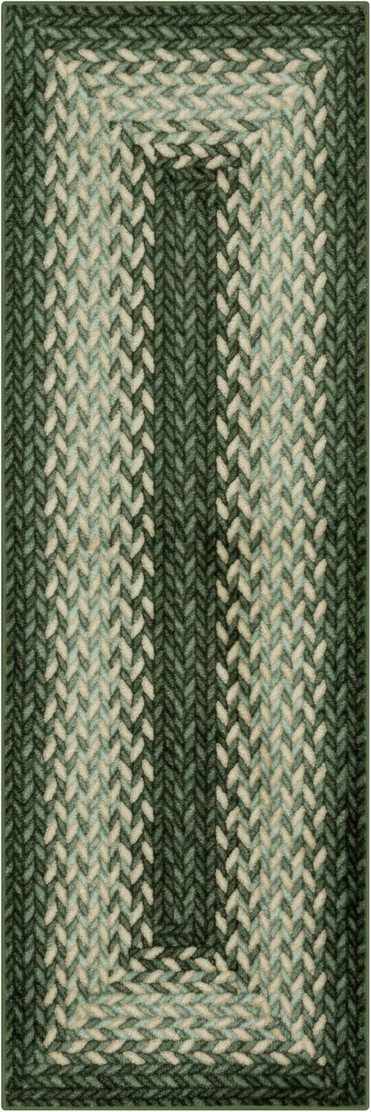 Maples Rugs Marion Bohemian Braided Design Print Runner Rug – Made in USA – Washable, Non Slip Indoor Long Carpet for Hallway, Kitchen, and Laundry Room, 2' x 8', Green