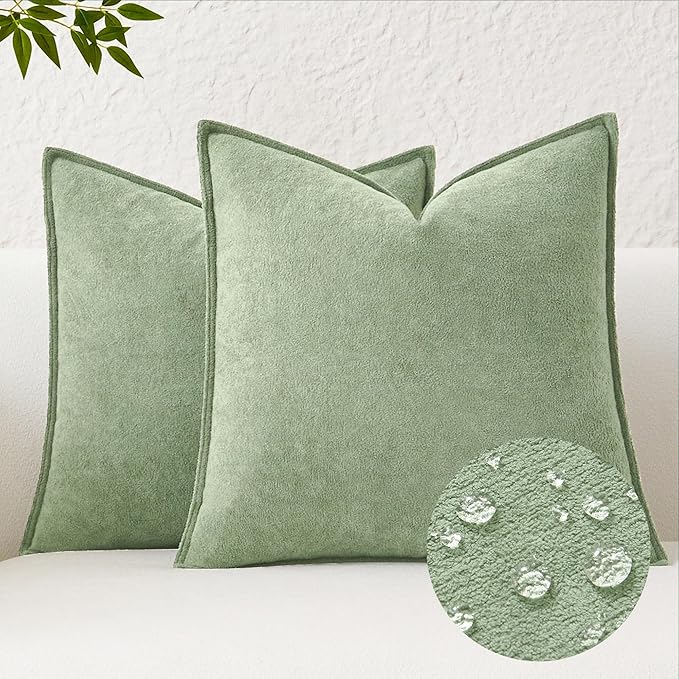 Kevin Textile Spring Waterproof Decorative Pillow Covers Sage Green 24x24 Inch Pack of 2 Soft Boucle Textured Euro Pillowcases Elegant Accent Pillows for Couch Sofa Chair Bed Home Decor Indoor Outdoor