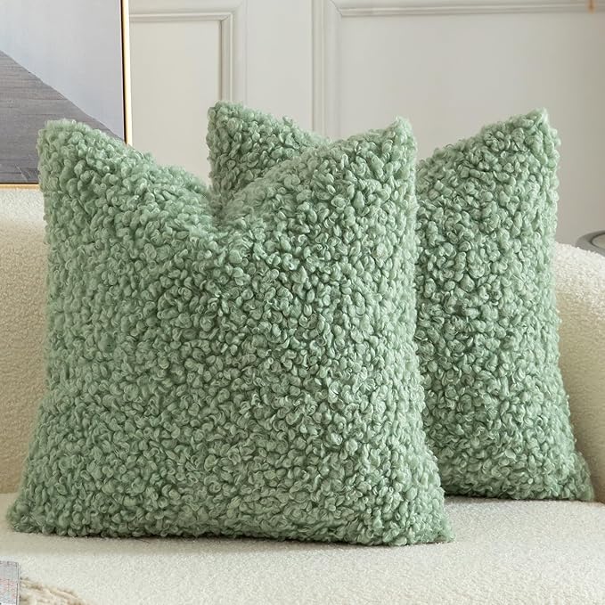 Yaertun Pack of 2 Faux Fur Throw Pillow Covers Decorative Sherpa Boucle Pillow Covers Fuzzy Soft Pillowcases Sheepskin Fleece Cushion Case for Couch Sofa Bed Living Room 18x18 Inch Sage Green