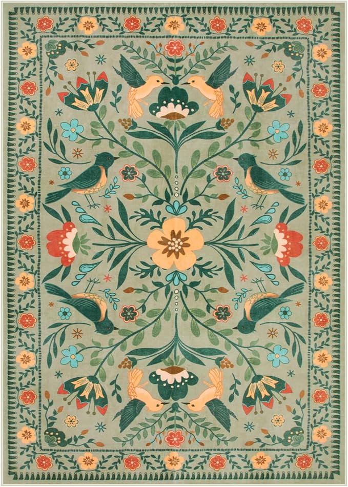 Moynesa Living Room Rug 5x7, Washable Modern Farmhouse Green Area Rugs for Bedroom Dining Room, Country Floral Bird Print Pattern Carpet, Aesthetic Home Decorations Open Floor Areas Protection