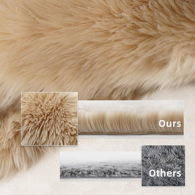 SERISSA Soft Round Faux Sheepskin Fur Area Rug Beige Circle Fluffy Rugs Circular Shaggy Rug Plush Circle Carpet Play Mats for Kids Girls Room Princess Castle Christmas, 5ft Diameter