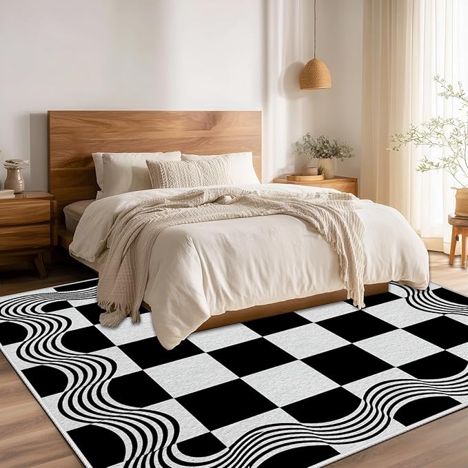 Checkered Area Rug, Checkerboard Rug, Geometric Plaid Washable Rugs 3x4, Modern Checkered Area Rugs, Wavy Line Carpet Non Slip for Bedroom Retro Home Decor Door Mat