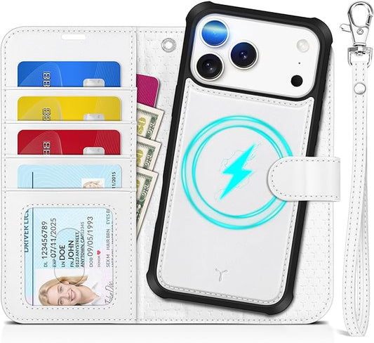 TUCCH 2-in-1 Detachable Wallet Case for iPhone 17 Pro Max (6.9") 2025, Wireless Charging | RFID Blocking 4 Card Holder | Wrist Strap | Kickstand | Magnetic | PU Leather | Protective Flip Cover | White