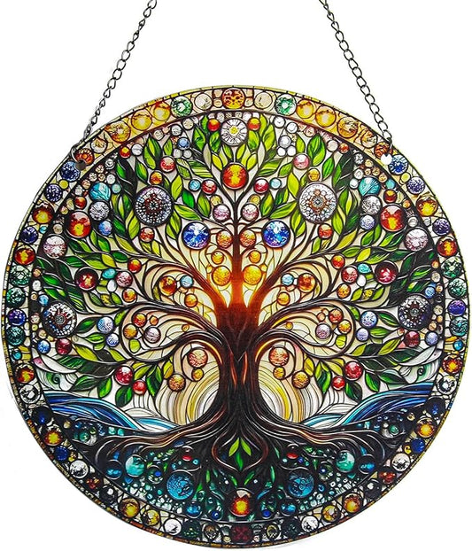 Stained Acrylic Window Handing-Life Tree Suncatcher for Window Doors,Home Decoration, Christmas,Thanksgiving Day,Mother's Day Birthday Gift for Women,Men,and Mom(6In)