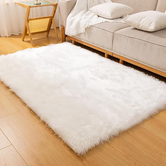 Fluffy Faux Fur Rug White Sheepskin Area Rug,4x6 Ft Ultra Soft Shaggy Plush Rug for Bedroom Bedside Living Room Nursery Kids Room
