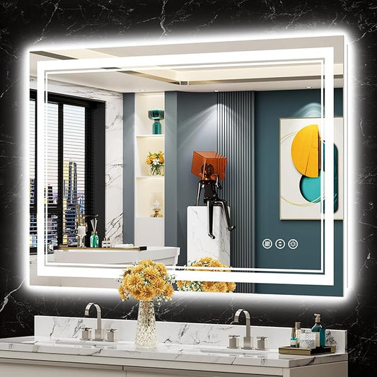 48x32 LED Bathroom Mirror with Lights, Backlit & Front Lit, Anti-Fog Frameless Lighted Vanity Mirrors for Bathroom Wall, Dimmable, 3-Color Light, Memory, Shatter-Proof, Tempered Glass, CRI＞90