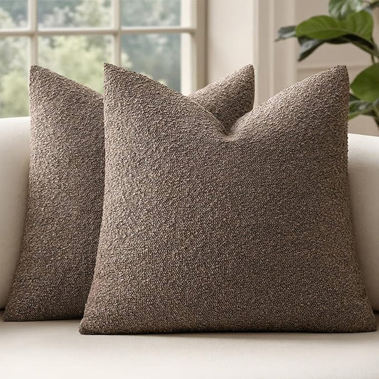 MIULEE 24x24 Decorative Euro Sham Throw Pillows for Bed Set of 2 Textured Boucle Neutral Winter Throw Pillow Covers Dark Brown Accent Solid Vintage Pillowcases Couch Sofa Livingroom Home Decor