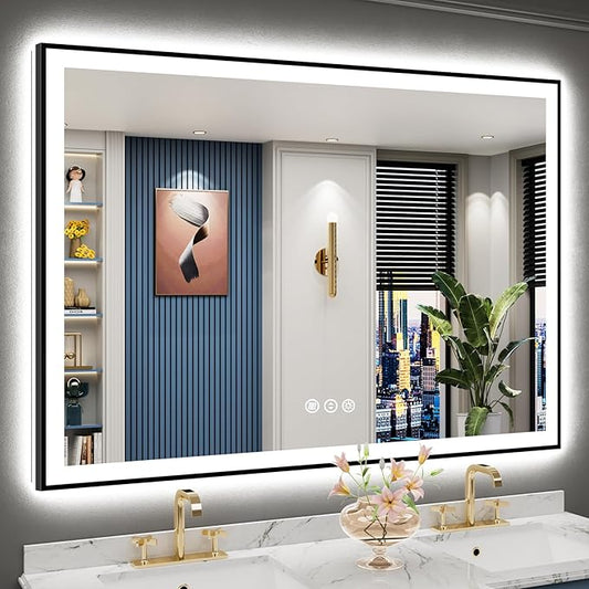 55x40 Black Framed LED Bathroom Mirror with Lights, Backlit and Front Lit, Anti-Fog Lighted Vanity Mirrors for Bathroom Wall, Dimmable, 3-Color Light, Memory, Shatter-Proof, HD Tempered Glass