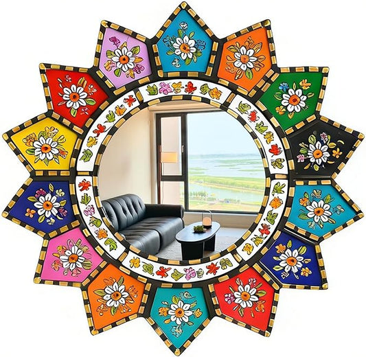 Sunflower Mirror - Vibrant 16-Petal Boho Circle Wall Decor, Small Decorative Floral Mirror Art for Living Room, Wood & Acrylic Mirror（2D Printed）