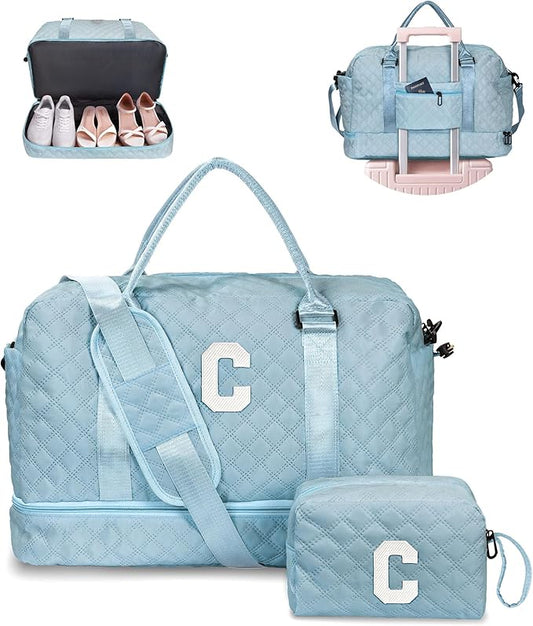 Vogewood Birthday Gifts for Women-Initial Duffle Bag, Personalized Monogram Overnight, letter Travel Bag with Shoe Compartment and Makeup Bag