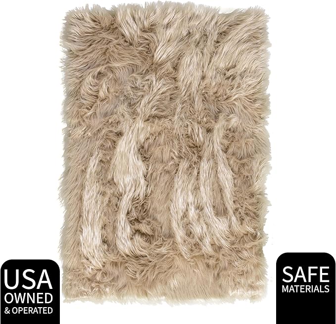 Super Area Rugs Ultra Soft & Fluffy Faux Sheepskin Rug, Light Brown 3 x 5 Feet Carpet for Bedroom Living Room