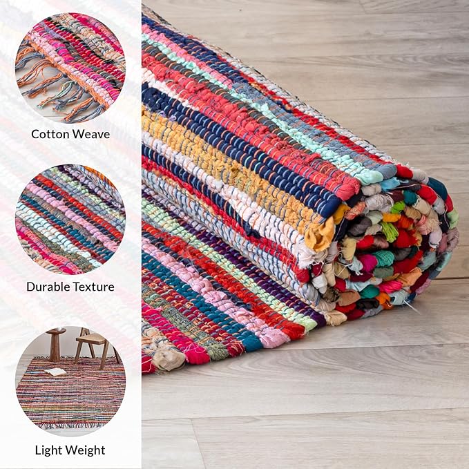 HOMEMONDE Multicolor Rag Rug with Tessels - 4'x6' Reversible Handcrafted Cotton Chindi Area Rug Vibrant Boho Home Decor for Bedroom, Living Room, Dining Room, Laundry Room