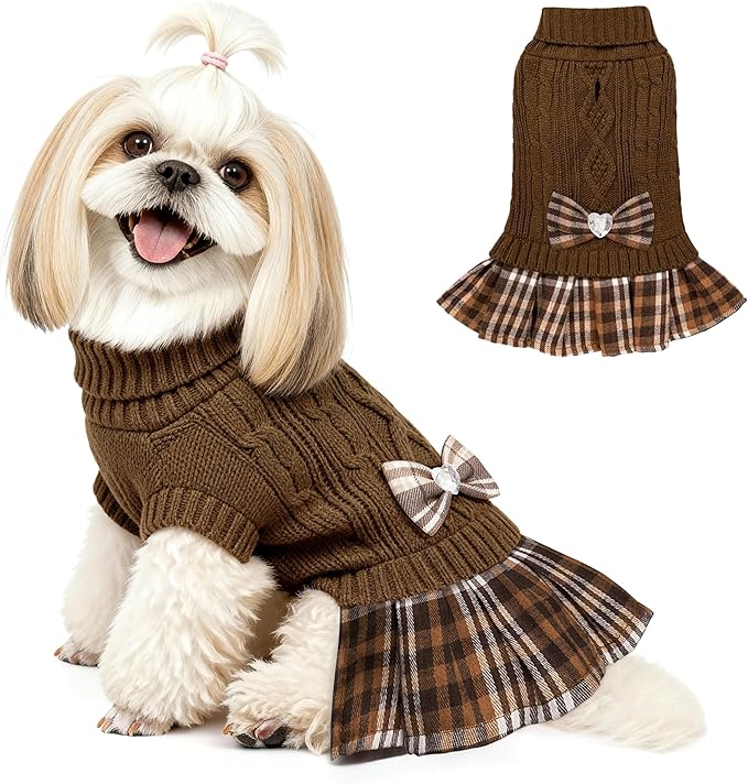 YUDODO Small Dog Sweater Dress with Bowtie Turtleneck - Knitted Pet Girl Dog Winter Clothes - Pet Warm Sweater for Puppy Yorkies, Chihuahua (L Brown)