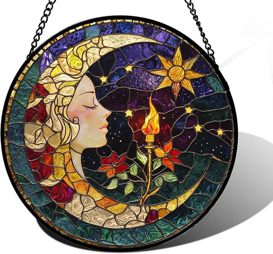 DASTOLL Stained Glass Window Hanging, Moon Goddess Torch Suncatcher Diamond Glass Panel Hangings Dream Sun Catchers Decor for Birthday for Women, Men, Wife, Aunt, and Mom 7.8 in