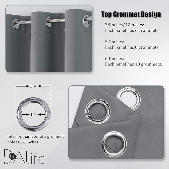 DUALIFE Grey Blackout Curtains for Bedroom 63 inches Long 2 Panels Grommet Window Treatment Thermal Insulated Room Darkening Window Panels Drapes for Living Room 52x63 inch Length
