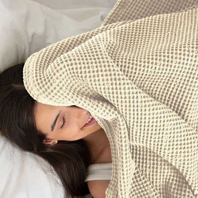 Organic Cotton Waffle Blanket Queen Size (90" x 90") Lightweight, Breathable and Soft, Luxurious Best Waffle Blanket for All-Season - Summer, Spring, Winter (Beige)