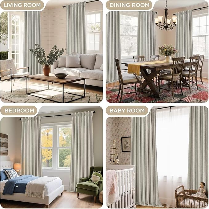 Joydeco Greyish White Pinch Pleated Thick Linen Curtains 96 Inch Long 2 Panel Set for Living Room, Double-Faced Curtain for Bedroom, Back Tab Blackout Drapes with Adjustable Hooks (40”W x96”L)