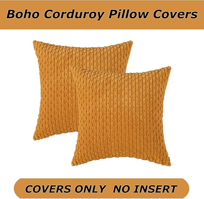 Kevin Textile Throw Pillow Covers Soft Corduroy Decorative Set of 2 Boho Striped Pillow Covers Pillowcases Farmhouse Home Decor for Couch Bed Sofa Living Room 18x18 Inch Golden Yellow