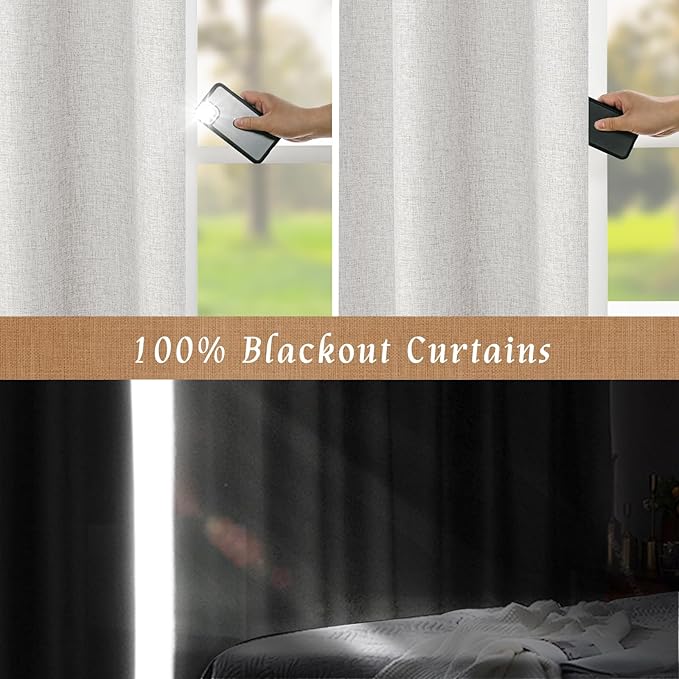 LAMIT 100% Blackout Linen Curtains, 72 Inch Linen Textured Living Room Curtains Room Darkening Back Tab and Rod Pocket Burlap Neutral Panels with White Liner, 2 Panels, 52 x 72 Inch, Light Grey