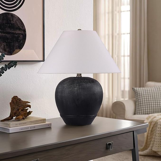 Pia Ricco 21'' Medium Size Black Glossy Ceramic Base Ceramic Basin Table Lamp for Bedroom, Living Room, Dining Room, Office, White Shade,White Smudged Black Base
