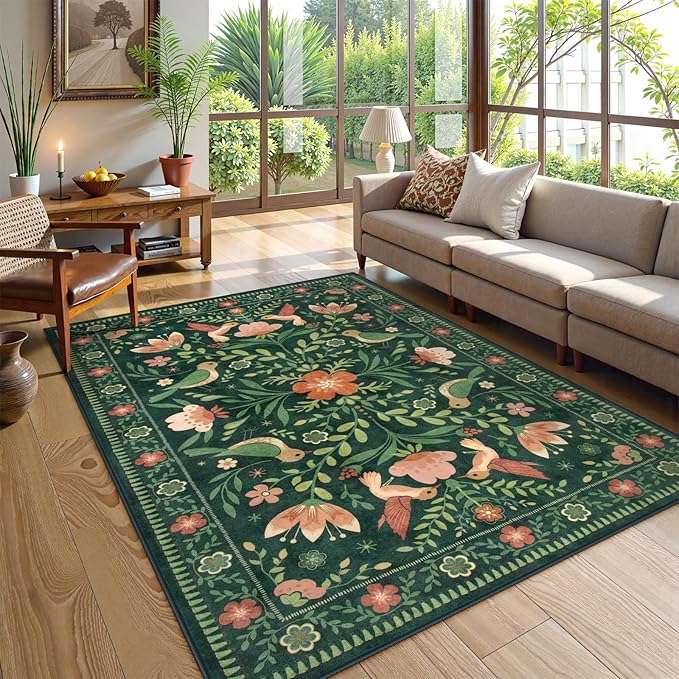 Moynesa Floral Bird 6x9 Green Area Rug for Living Room Bedroom Dining Room, Vintage Home Decorations for Modern Cottage Farmhouse Aesthetic Open Areas,Comfort Floor Protection Non-Slip Washable