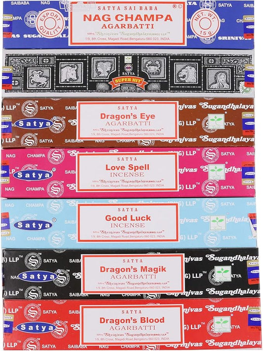 Satya Incense Sticks Gift Set, 7 Scents, Nag Champa, Super Hit, Dragon's Blood, Sandalwood, Patchouli, Lavender, Positive Vibes, 15g Each (Magic Mix)