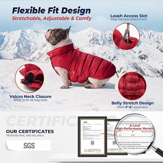 SPACE LION Dog Puffer Jacket, Down Winter Coat, Durable Outdoor Coat for Cold and Windy Conditions, Lightweight & Adjustable Fit Coats for Large Dogs, (Red, Size24/2XL)