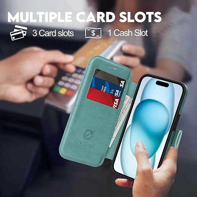 CIVICASE for iPhone 13 Pro Max Wallet Case with Stand,PU Leather Flip Credit Card Holder Slots (RFID Blocking),Compatible with Magsafe Magnetic Holder Phone Cover Women Men,Green