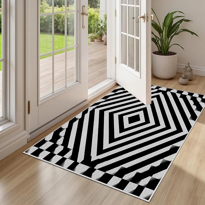 Black and White Rug 6x9, Checkered Soft Thin Indoor Floor Mats Carpet, Non-Slip Stain Resistant Washable Rugs, Modern Rhombus Geometric Rugs for Living Room, Farmhouse Rug