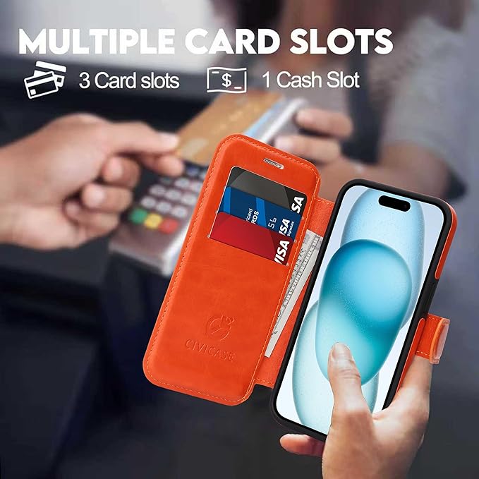 CIVICASE for iPhone 13 Pro Wallet Case with Stand,PU Leather Flip Credit Card Holder Slots (RFID Blocking),Compatible with Magsafe Magnetic Holder Phone Cover Women Men,Orange