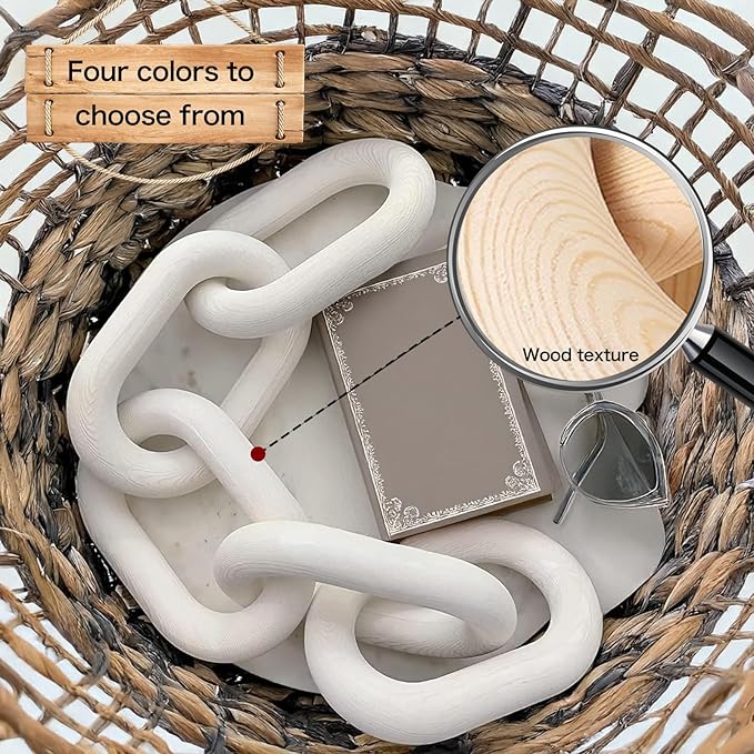 Wood Chain Link Decor, 5-Link Wooden Decorative Chain Ornament, Hand Carved Rustic Farmhouse Home Decor for Living Room, Shelves, Coffee Table (White)