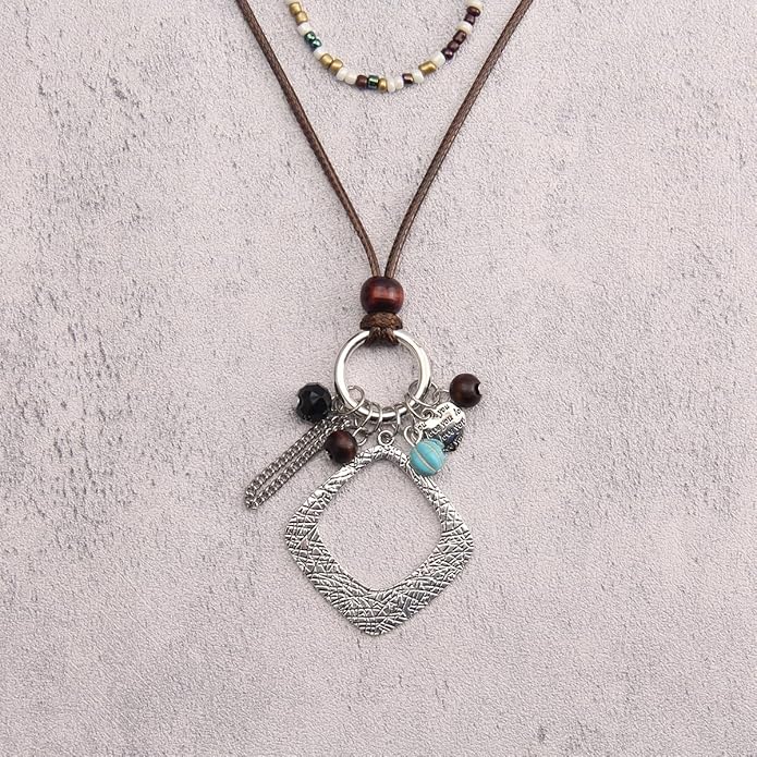 Leather Necklace for Women Boho Choker Necklace Long Cord Leather Pendant Bohemian Neckalce Vintage Alloy Pendant Leather Rope Necklace Wooden Necklaces for Women