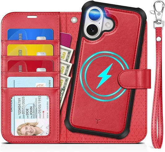 TUCCH 2-in-1 Removable Case Wallet for iPhone 17 (6.3") 2025, Detachable Wrist Strap, 4 Card Holders RFID Blocking, Wireless Charging, Stand, Magnetic, PU Leather, Shockproof Folio Cover, Red