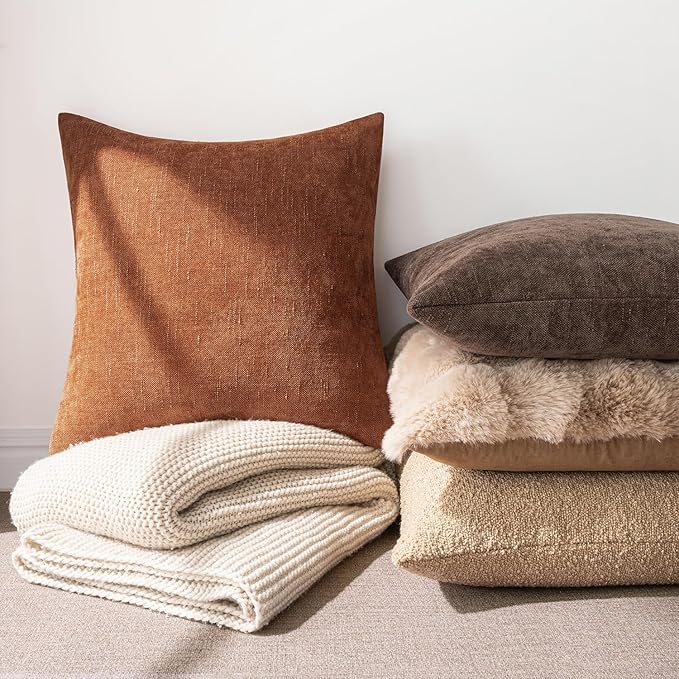 MIULEE Pack of 2 Decorative Throw Pillow Covers Soft Chenille Throw Pillows Solid Textured Euro Cushion Covers for Couch Sofa Bedroom Living Room 22x22 Inch, Dark Rust