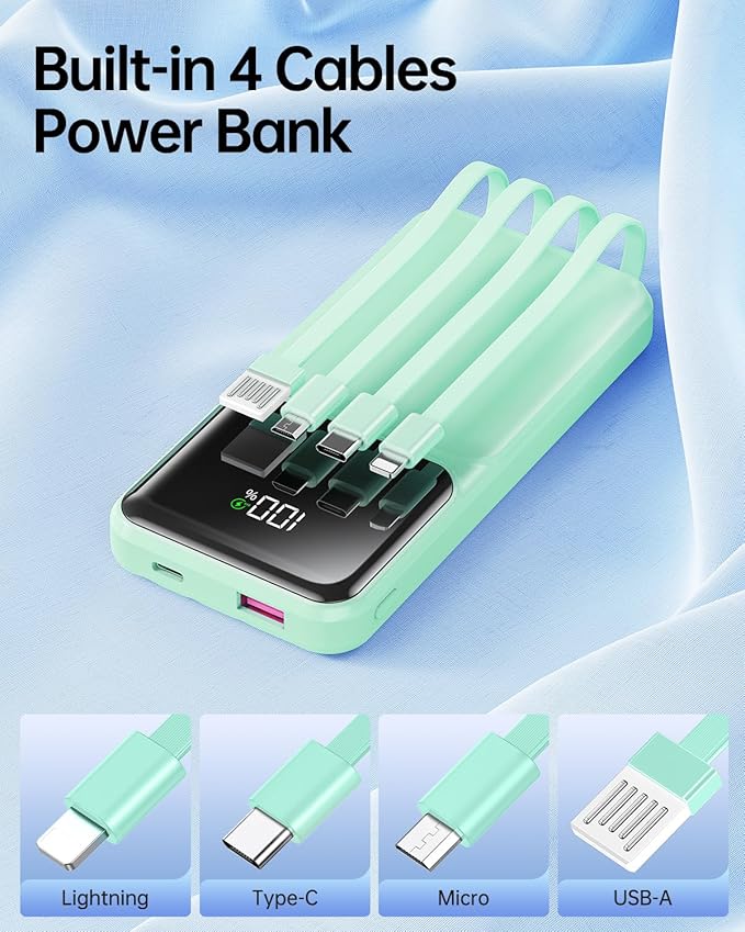 Portable Charger with Built in Cable - Power Bank Fast Charging USB C LED Display 10000mah Battery Pack 5 Outputs & 3 Inputs for Travel Essentials iPhone Samsung Android Phones Tablets Cyan