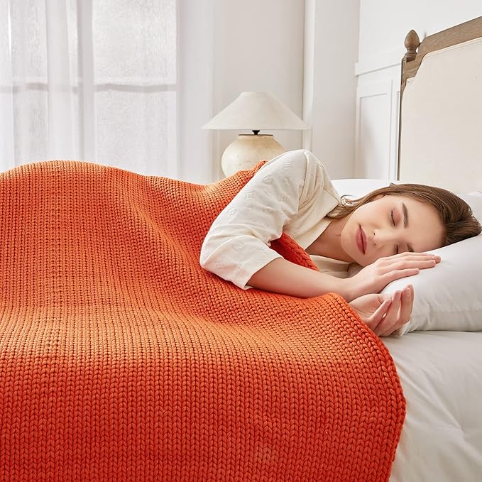 Guohaoi Knitted Weighted Blanket for Adults (Orange 48"x72" 15lbs) No Beads Cooling Throw Blanket for Hot Sleepers, Home Decor Breathable Chunky Knit Heavy Blanket Use on Full Size Bed