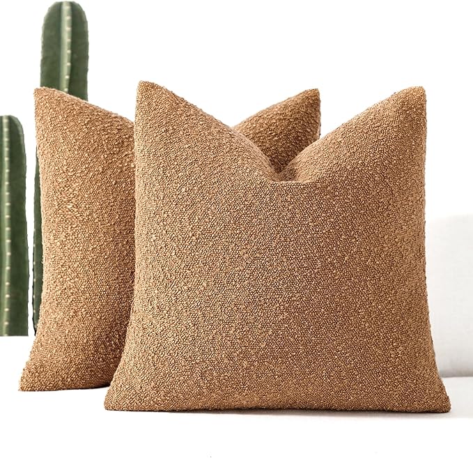 Boucle Decorative Throw Pillow Covers for Couch Set of 2, 22x22 inches, Tobacco