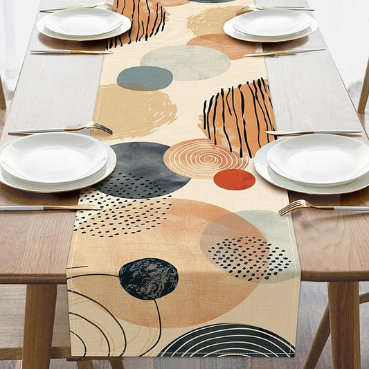 Boho Modern Geometric Dining Table Runner, Circle Abstract Art Burlap Kitchen Decoration, Minimalist Indoor Outdoor Home Decor Party Supply 13 x 72 Inches