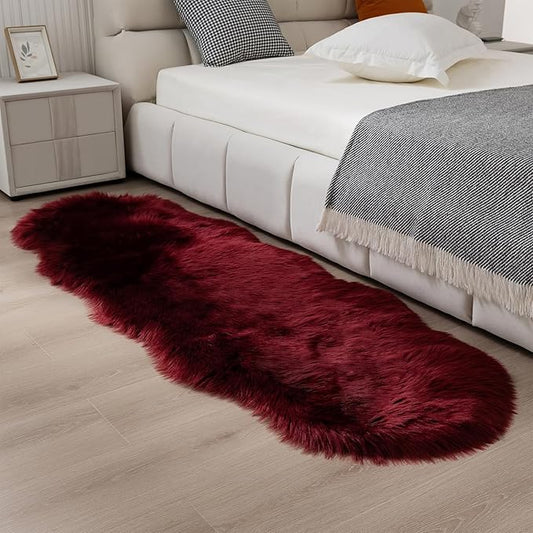 Faux Fur Rug Runner 2x6 ft Burgundy - Machine Washable Super Soft Plush Shaggy Fluffy Area Carpet,Sheepskin Rug Fuzzy Floor Mat for Bedroom, Sofa,Living Room, Bedside, Nursery & Kids Room
