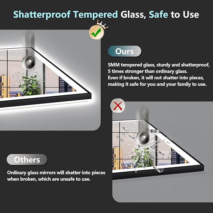 84x32 Inch Black Framed LED Bathroom Mirror with Lights, Backlit & Front Lit, Anti-Fog Lighted Vanity Mirrors for Bathroom Wall, Dimmable, 3-Color Light, Memory, Shatter-Proof, Tempered Glass